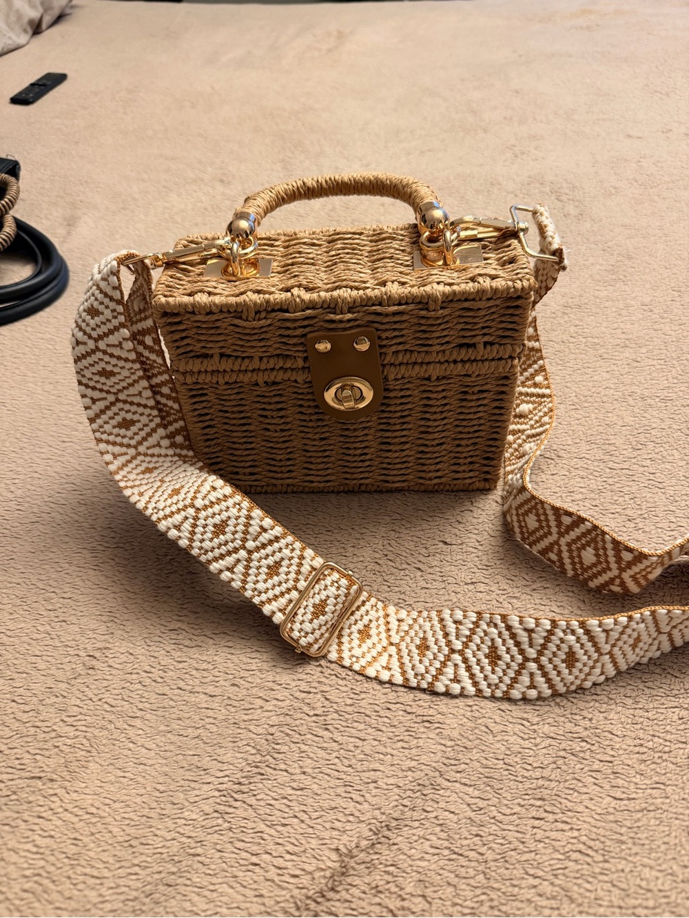 Woven Rattan Crossbody Satchel with Multiple Straps - Tan
